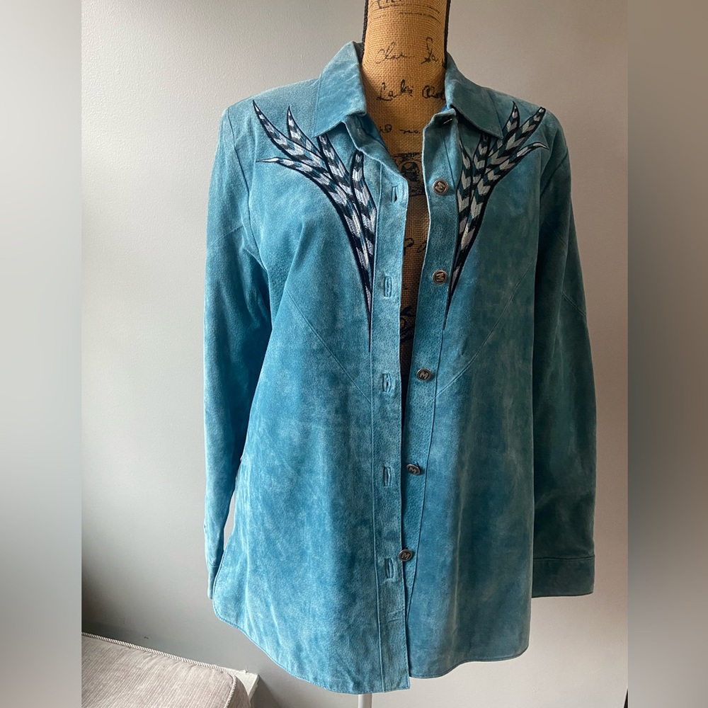 Bob Mackie  Wearable Art Sz M Teal Suede Leather Women's Blazer